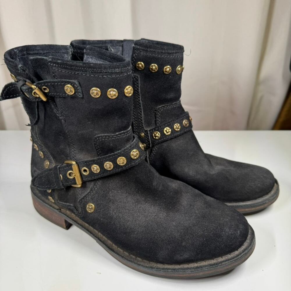UGG Ankle Boots Black Suede Moto Fabrizia Gold Studs 1003235 Women's Size 7